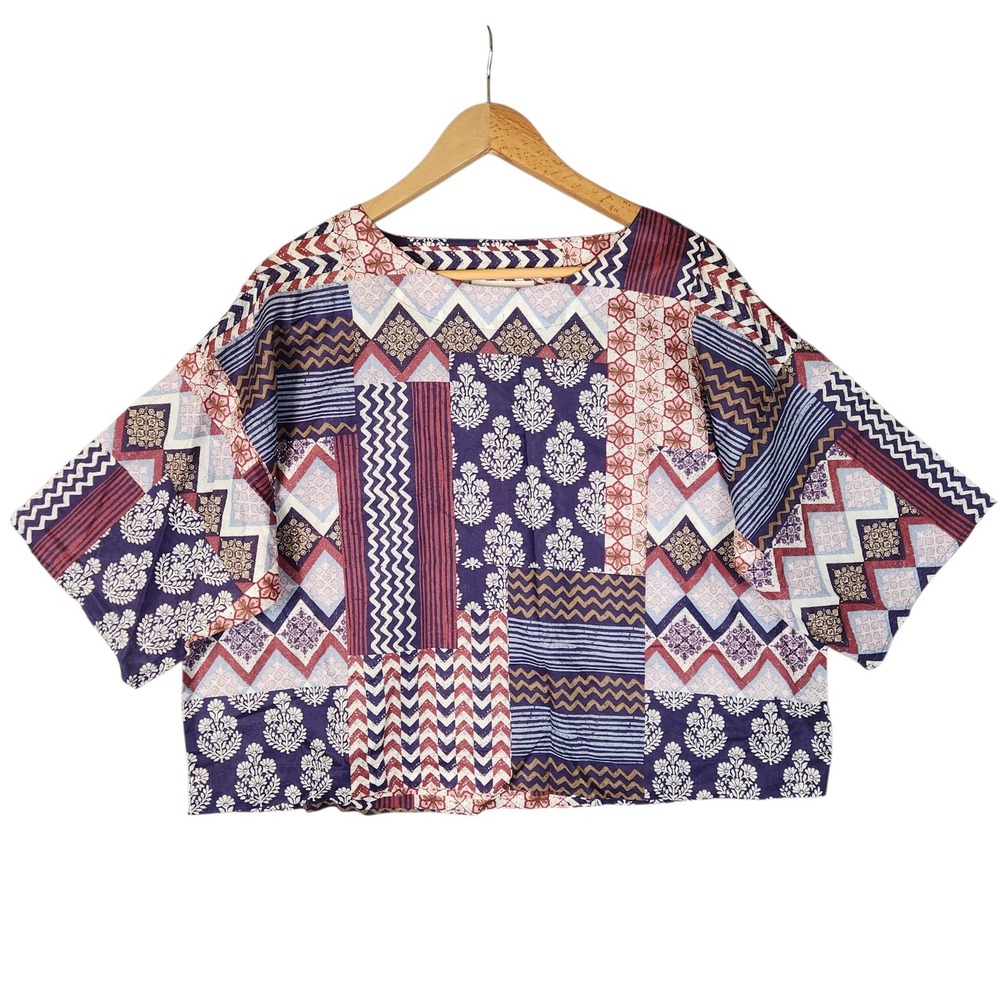 Pure J. Jill Patchwork Top Size Small Petite Multicolor Organic Cotton Boxy Boho